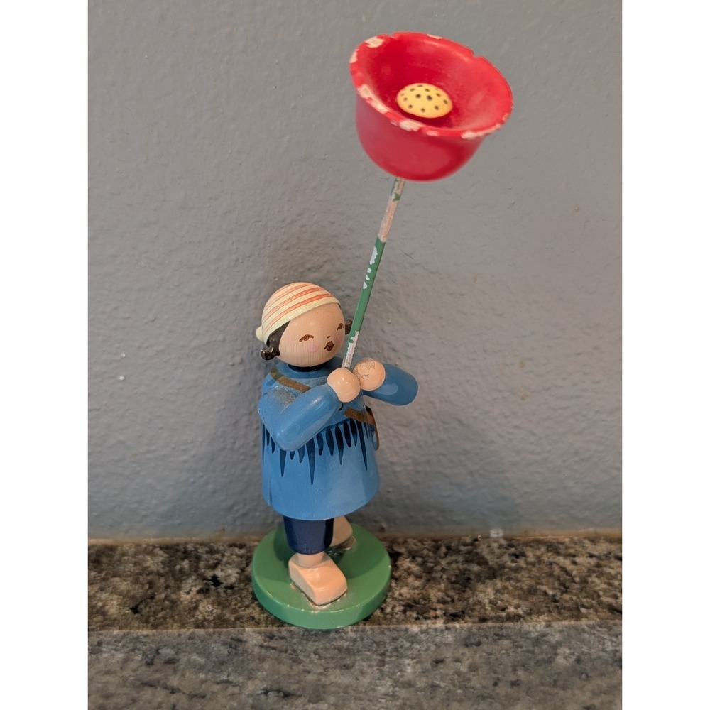 Vintage German ERZGEBIRGE Wendt Kuhn Miniature Wood Girl Poppy Red Flower Hat
